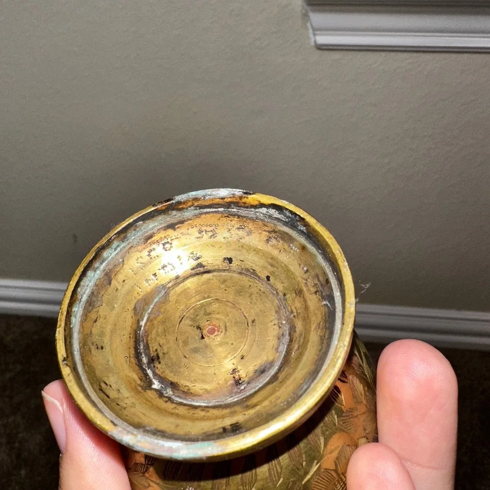Vintage Hand Etched Brass Floral Bud Vase Gold Tone Antique Style Rustic Charm